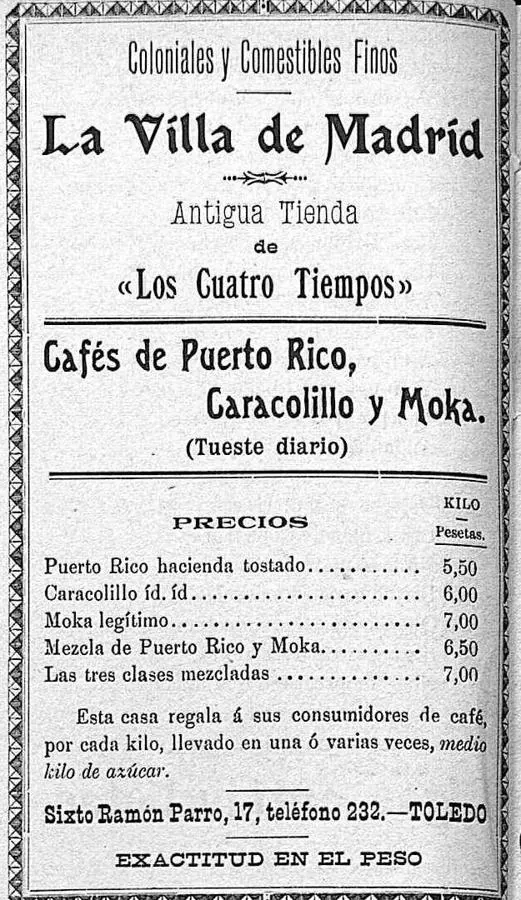 Anuncio de Coloniales y Comestibles finos aparecido reiteradamente en el Heraldo Toledano, en marzo de 1906. 