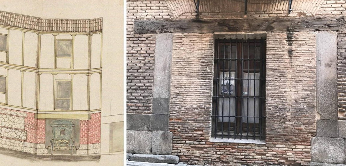 Cochera en la Casa de Infantas en un dibujo de 1636 (Archivo Municipal de Toledo) y su aspecto en la actualidad. FOTO RAFAEL DEL CERRO. 