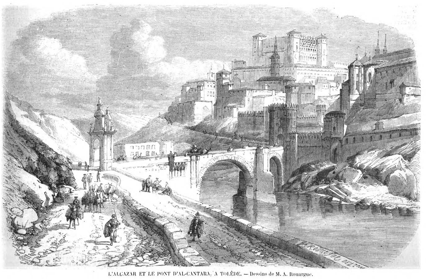 Subida al puente de Alcántara desde la estación de ferrocarril el día de su inauguración. L’Illustration. Journal Universel, nº 801 (3 de julio de 1858).. 