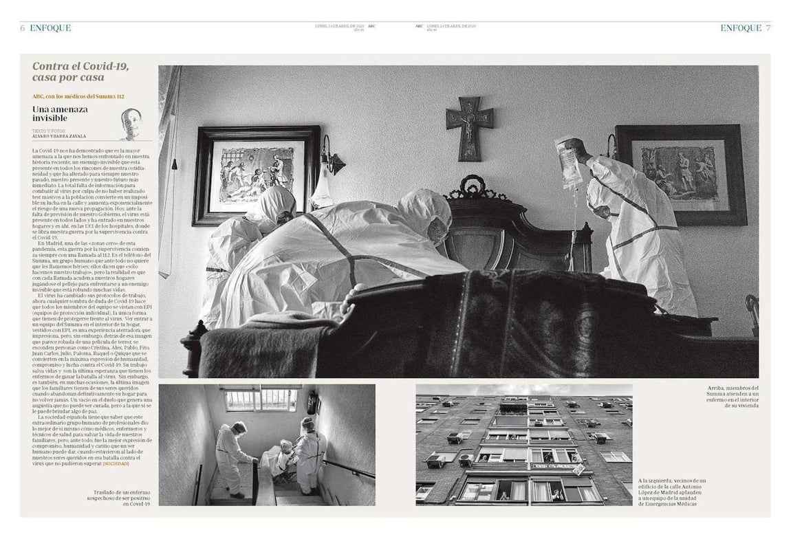 Esta página, junto con otras dos más, premio en el apartado «Coronavirus. Reportaje fotográfico», dentro de la categoría «Páginas de información». 