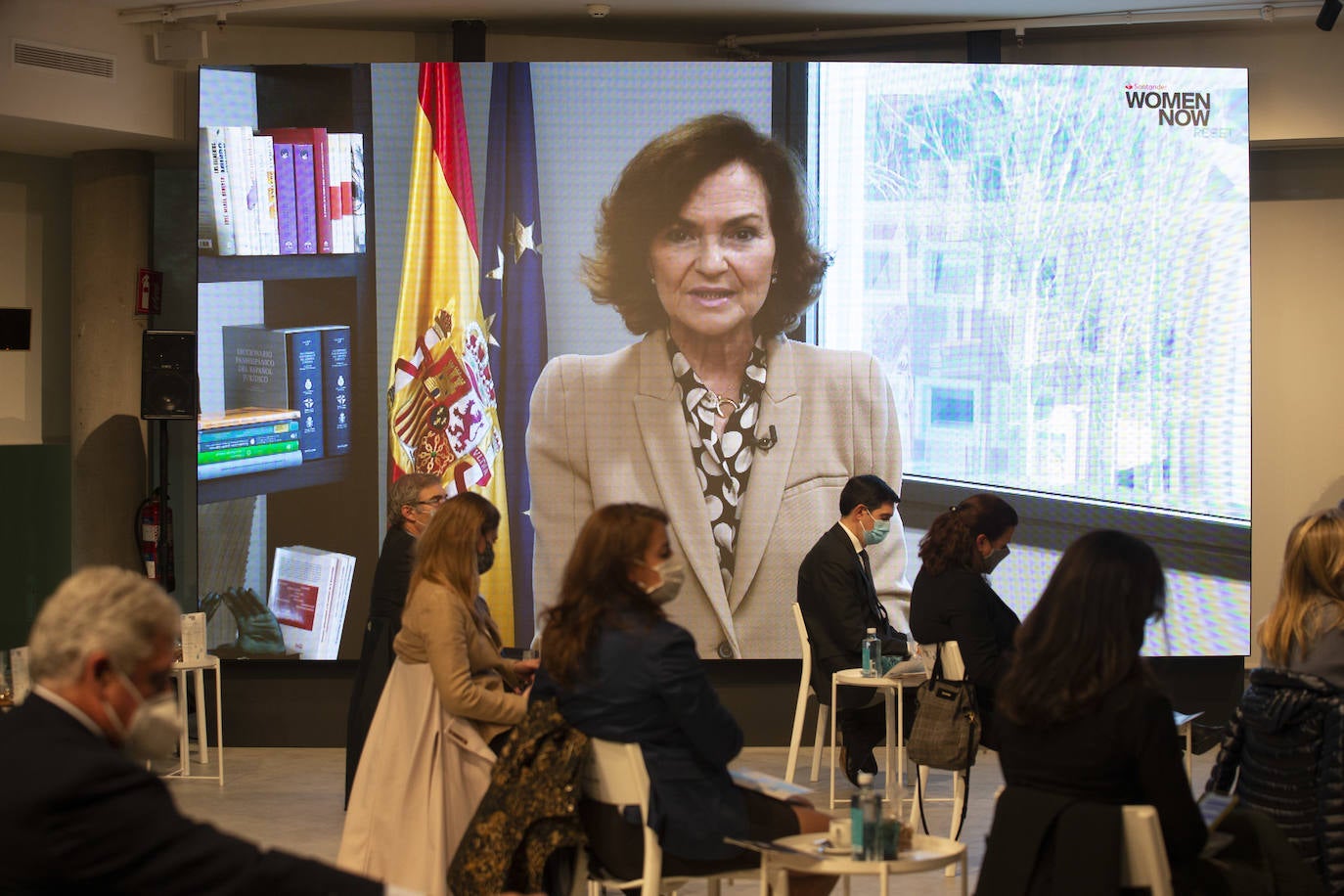 La vicepresidenta del Gobierno Carmen Calvo, en su intervención del Santander WomenNOW Reset. 