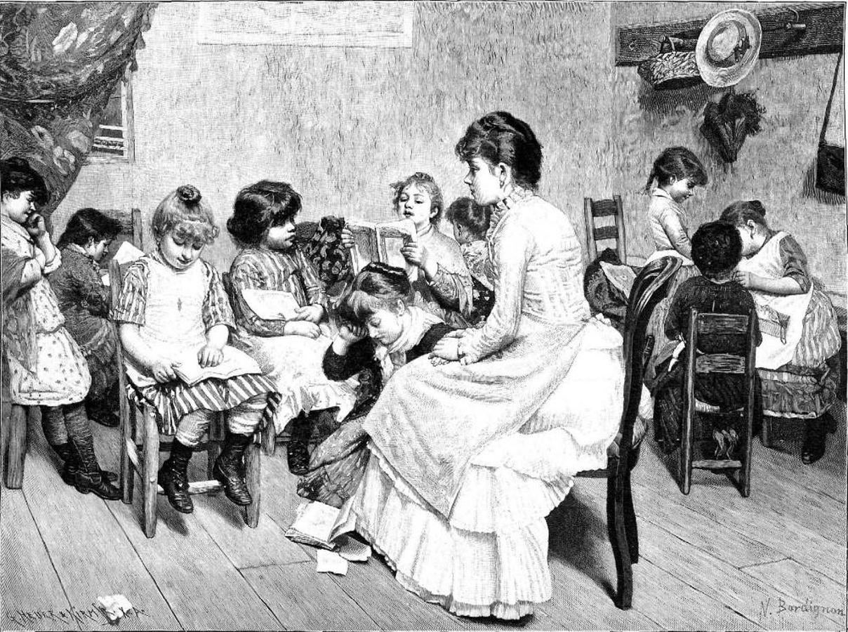 Niñas con su maestra. Dibujo del veneciano Noè Bordignon (1841-1920) insertado en La Ilustración Española y Americana (15/03/1892). 