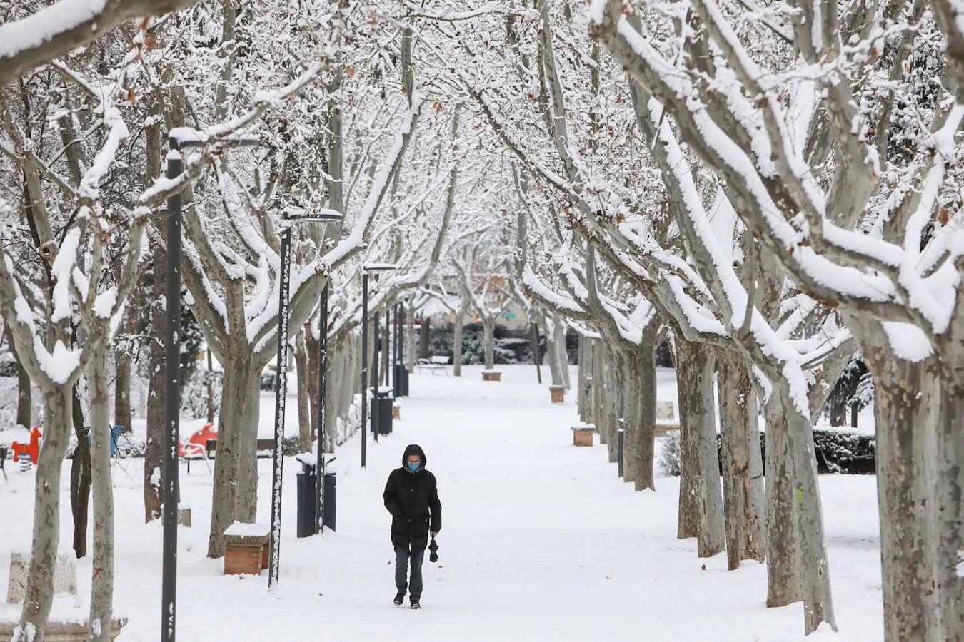 Teruel recibe la nevada que ha traído Filomena. Una gran nevada cae sobre Teruel, en Aragón (España) a 8 de enero de 2021. Aragón es una de las comunidades autónomas que se encuentra en alerta naranja (riesgo importante) por frío, nevadas y viento debido al paso de la borrasca Filomena.