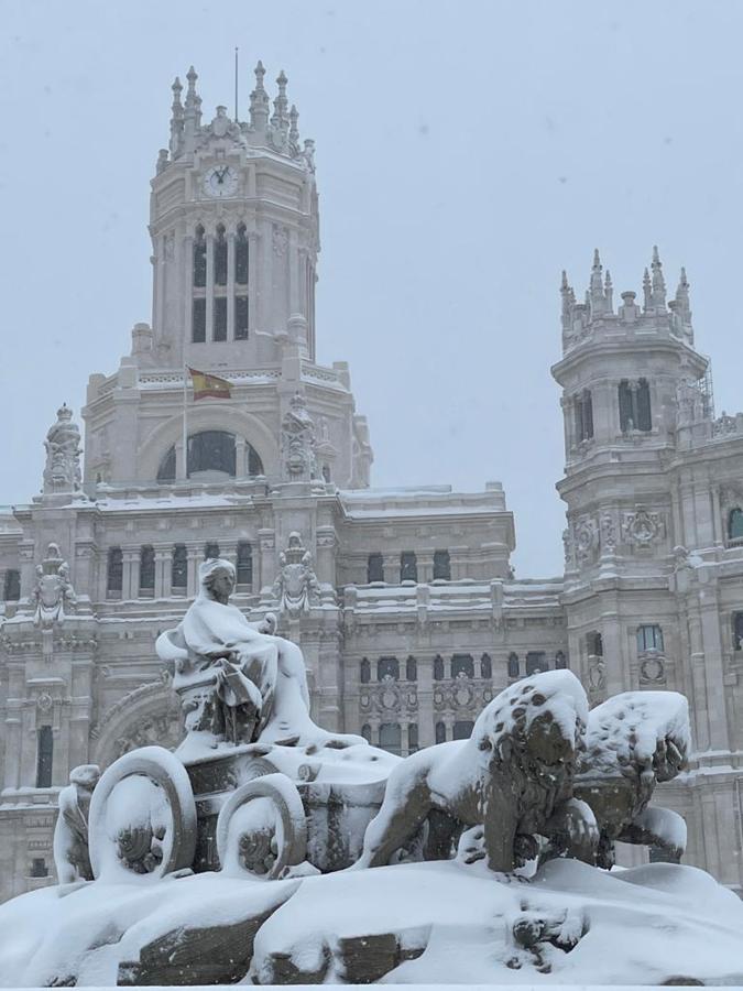 La Cibeles, aún más blanca. La plaza donde los seguidores del Real Madrid celebran las victorias de su equipo de fútbol ha amanecido más blanca que nunca, con su diosa cubierta por varios centímetros de nieve.