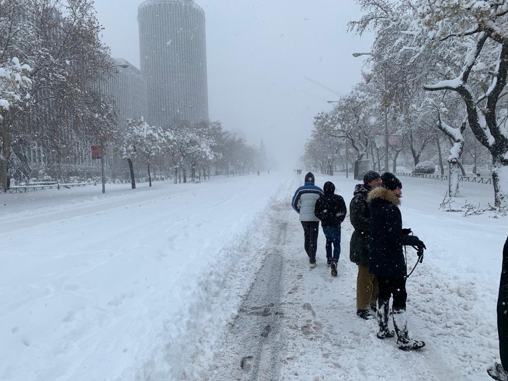 Imagen del Paseo de la Castellana (Madrid), completamente cubierto por la nieve. 