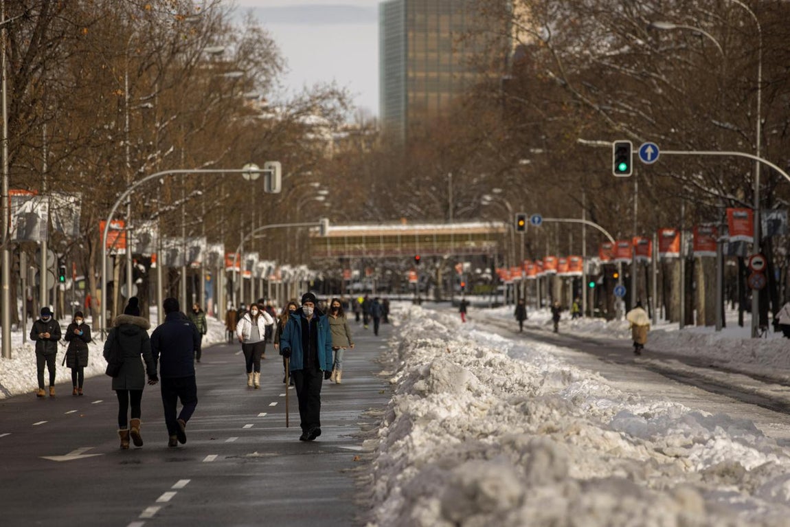Viandantes en la Castellana. Numerosos madrileños se han lanzado a las calles para caminar sobre las calzadas que ya están despejadas. Así ha sucedido, por ejemplo, en el Paseo de la Castellana este domingo.