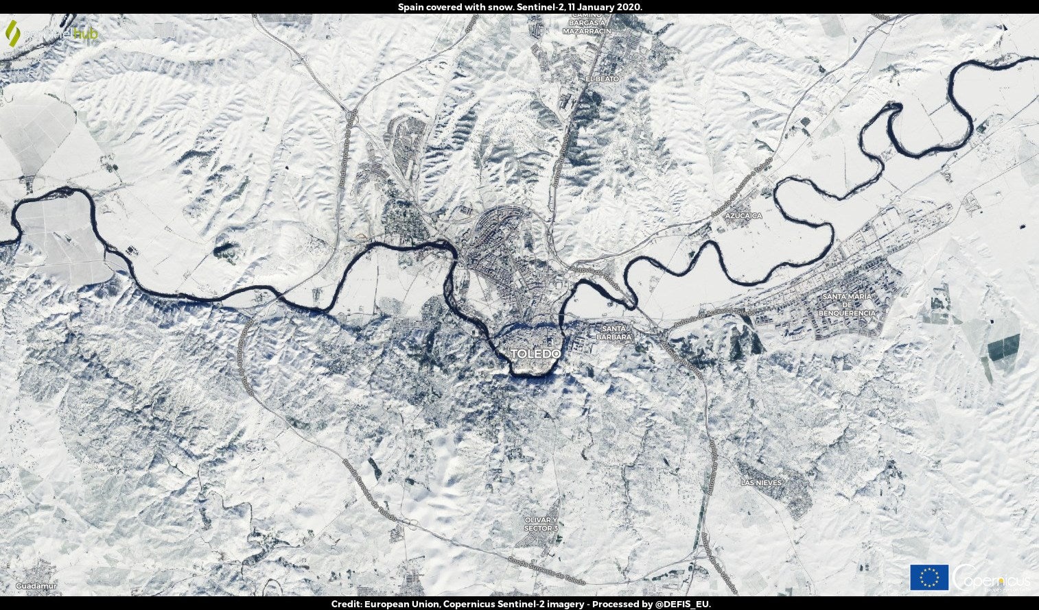 Imagen de la ciudad de Toledo tomada el martes 11 de enero por la misión Copernicus Sentinel-2 de la Agencia Espacia Europea (ESA, por sus siglas en inglés). 