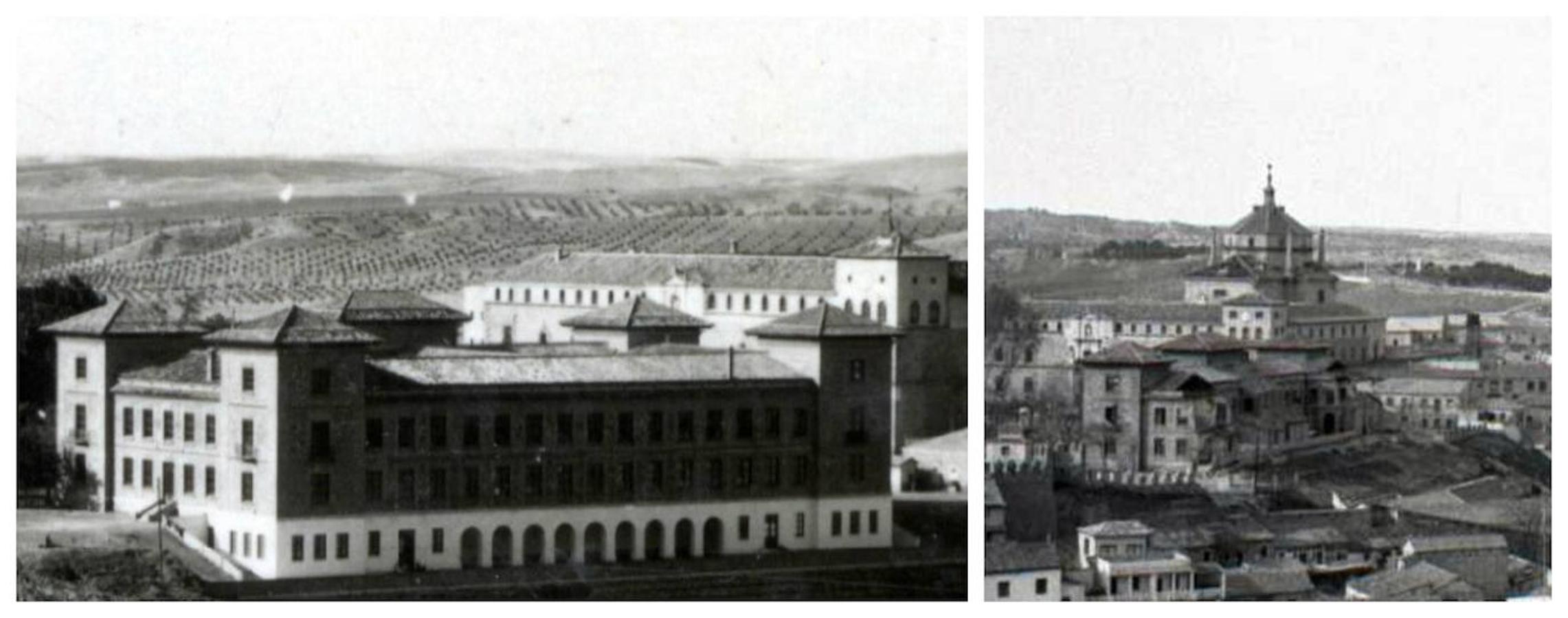 El edificio de la Normal ya reconstruido (ca. 1947) y dispuesto para acoger maestras y maestros. A la derecha, con la parte posterior ya derribada tras la decisión asumida en 1952. Fotografías del Archivo Municipal de Toledo. 