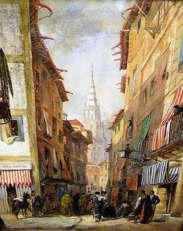 Toledo en 1853. Procesión por la calle de Comercio. Acuarela de Thomas Robert MacQuoid. 