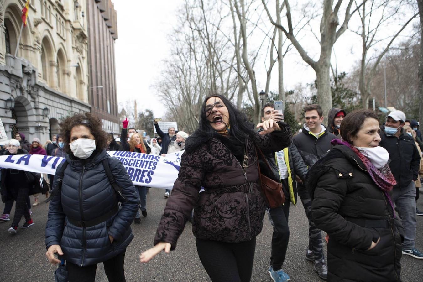 Manifestación negacionista sin mascarillas en Madrid, con los hospitales sobrepasados