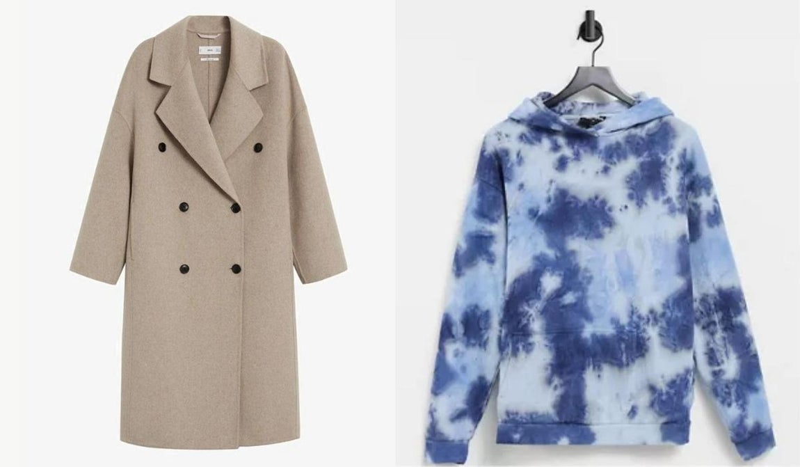 Topo y 'tie-dye'. Abrigo picarol de Mango (89,99€ precio rebajado) y sudadera estampada de Asos (34,99€).