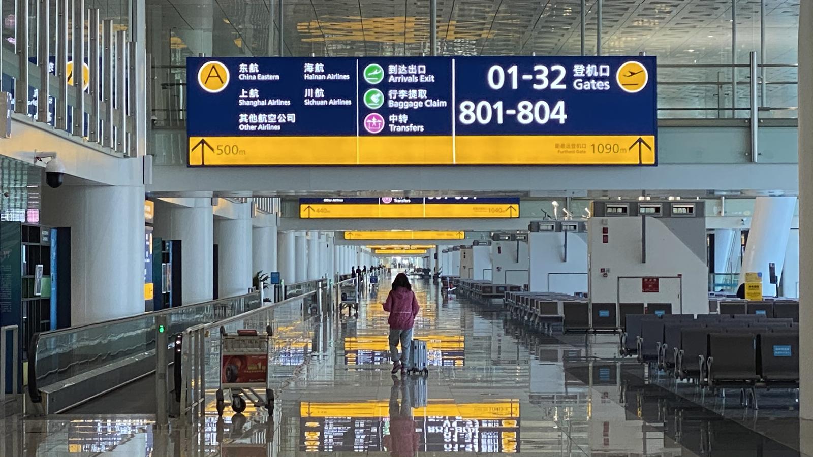 Lejos de su bullicio habitual, el aeropuerto de Wuhan presenta estos días esta desoladora estampa de pasillos desiertos y puertas de embarque sin pasajeros. 