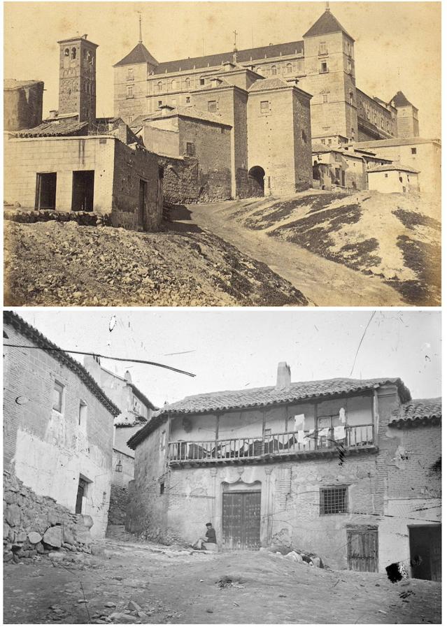 En los barrios fuera del epicentro de Toledo, muchas calles no se pavimentaron hasta bien avanzado el siglo XX. Dos fotografías de Casiano Alguacil (c. 1880), muestran cuestas y plazas de tierra. Arriba, el entorno de la iglesia de San Miguel. Debajo, la plaza de la Retama. Archivo Municipal de Toledo. 