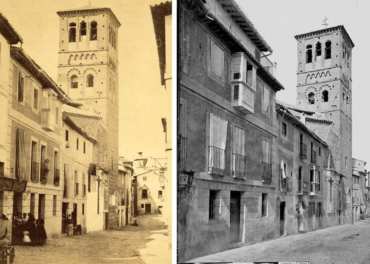 La calle de Santo Tomé antes y después de ser arreglada con el añadido de las aceras, mejora que recibieron las principales vías de Toledo entre 1864 y 1866. Ambas fotos pertenecen a Jean Laurent, hacia 1858 y 1870 respectivamente. 