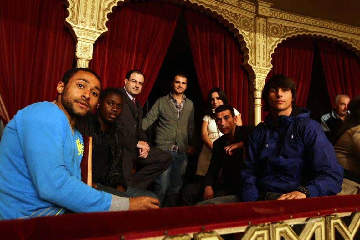 Los futbolistas del Cádiz CF en la temporada 2011-12: Ikechi Anya, Moke, Caballero y Gonzalo