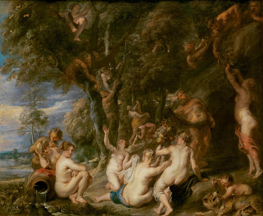 'Ninfas y sátiro', Rubens. Óleo sobre lienzo, 139,7 x 167 cm. 1615, ampliada y repintada h. 1638-40Madrid, Museo Nacional del Prado