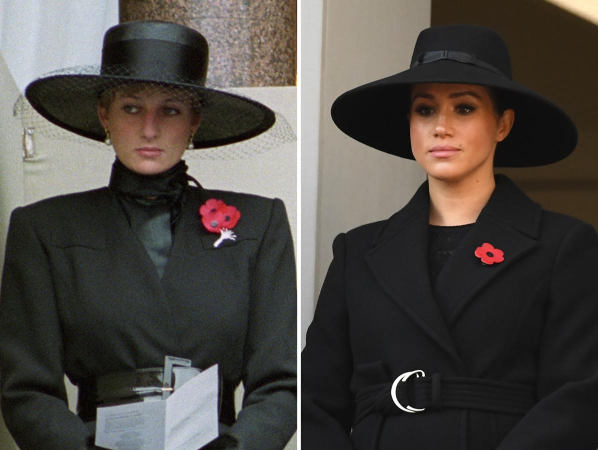 Sobriedad y sombrero en actos conmemorativos. Ambas con look completamente negro con abrigo y sombre XL con la flor conmenorativa por los actos que tienen lugar por el Día del Armisticio, que marca el final de la Primera Guerra Mundial. La princesa Diana en 1991, mientras que el estilismo de Meghan Markle con abrigo de Stella McCartney pertenece a los actos celebrados en noviembre de 2019, ambas en el mismo balcón del Palacio de Buckingham.