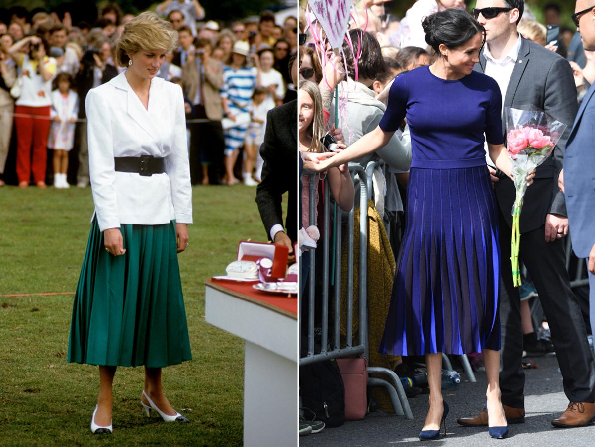 Falda midi y plisada. La falda midi plisada se convirtió en una prenda imprescindible en la década de los 90 y la princesa Diana la lució en infinidad de colores y diseños. En 2018, Meghan Markle optó por un estilismo también con falda midi plisada en esta ocasión con un conjunto azul de Givencchy durante su visita a la ciudad de Rotorua en Nueva Zelanda.