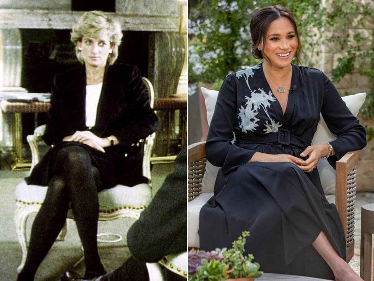 De negro para una entrevista con historia. En la historia de ambas quedará ya grabada en el tiempo, el punto de inflexión que sendas entrevistas marcaron en sus carreras. Entrevistas televisadas y polémicas para las que tanto Diana como Meghan decidieron vestir de negro. En el caso de Lady Di en 1995 con un traje sastre de falda y americada con camisa blanca; en el de Meghan, con vestido de Giorgio Armani, a la venta por 3.500€, un modelo en georgette de seda con escote en V, largo midi y cinturón bajo el pecho cuyo detalle blanco lo pone un bordado en uno de sus hombros.