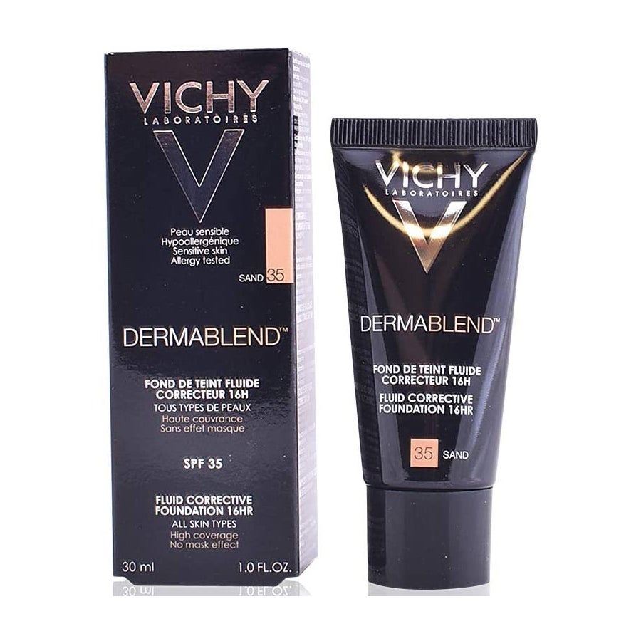 Dermablend Base de maquillaje correctora de Vichy. Fondo de maquillaje de alta cobertura y larga duración (hasta 16h), no comedogénico, libre de parabenos e hipoalergénico. Dermablend Base de maquillaje correctora de Vichy (20,20 €) es perfecto para pieles con acné, machas, rosácea, vitíligo, cicatrices y tatuajes. Proporciona 24 horas de hidratación e incluye filtro solar SPF 35.