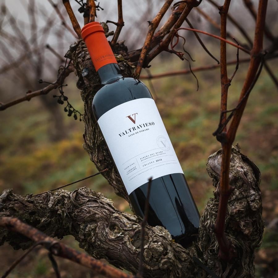 Valtravieso Crianza. Valtravieso es una de las primeras bodegas con viñedo propio en Ribera del Duero, ubicada en uno de los páramos calizos más altos de la región a 915 metros de altitud. La ubicación y sobriedad de este páramo, en conjunto con su terroir y la cuidada gestión del viñedo, es lo que caracteriza el estilo de Valtravieso que elabora vinos que reflejan su origen, elegantes, profundos y largos, con tensión, toques minerales y frescos. Valtravieso Crianza, con su imagen renovada, se presenta como estandarte y ejemplo del estilo de la bodega. Precio: 34,75€ (botella magnum de 1,5L).