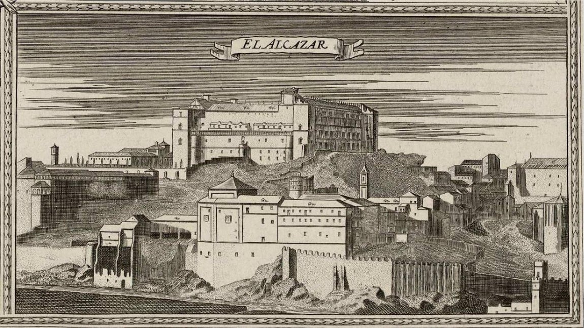 Bajo el Alcázar, vista del convento del Carmen Calzado. Viñeta incluida en el mapa del arzobispado de Toledo, de 1681, realizado en tiempos del cardenal Portocarrero. 