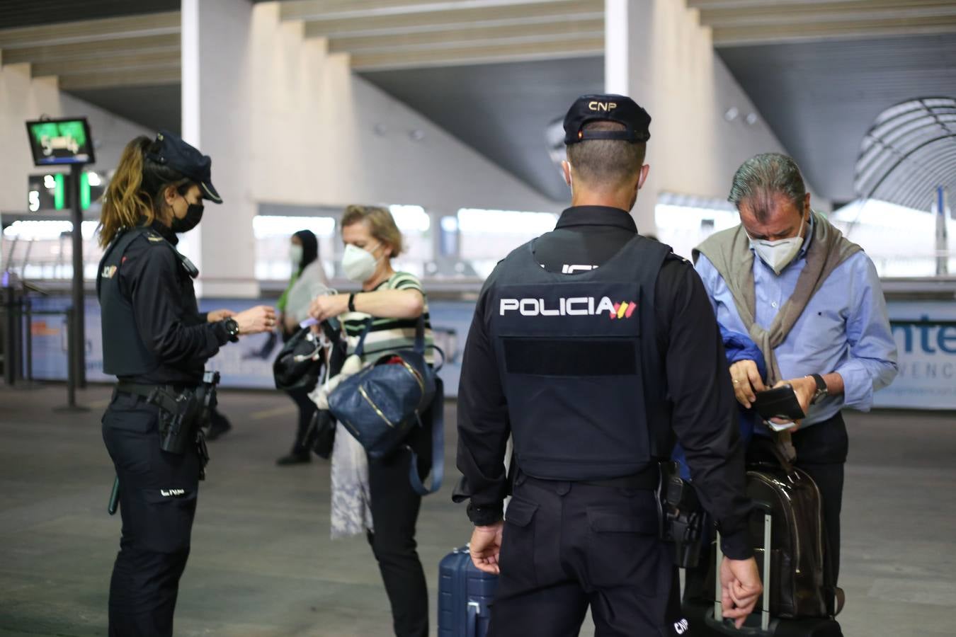 Agentes de la Policía Nacional realizan un control a los viajeros de tren en Santa Justa