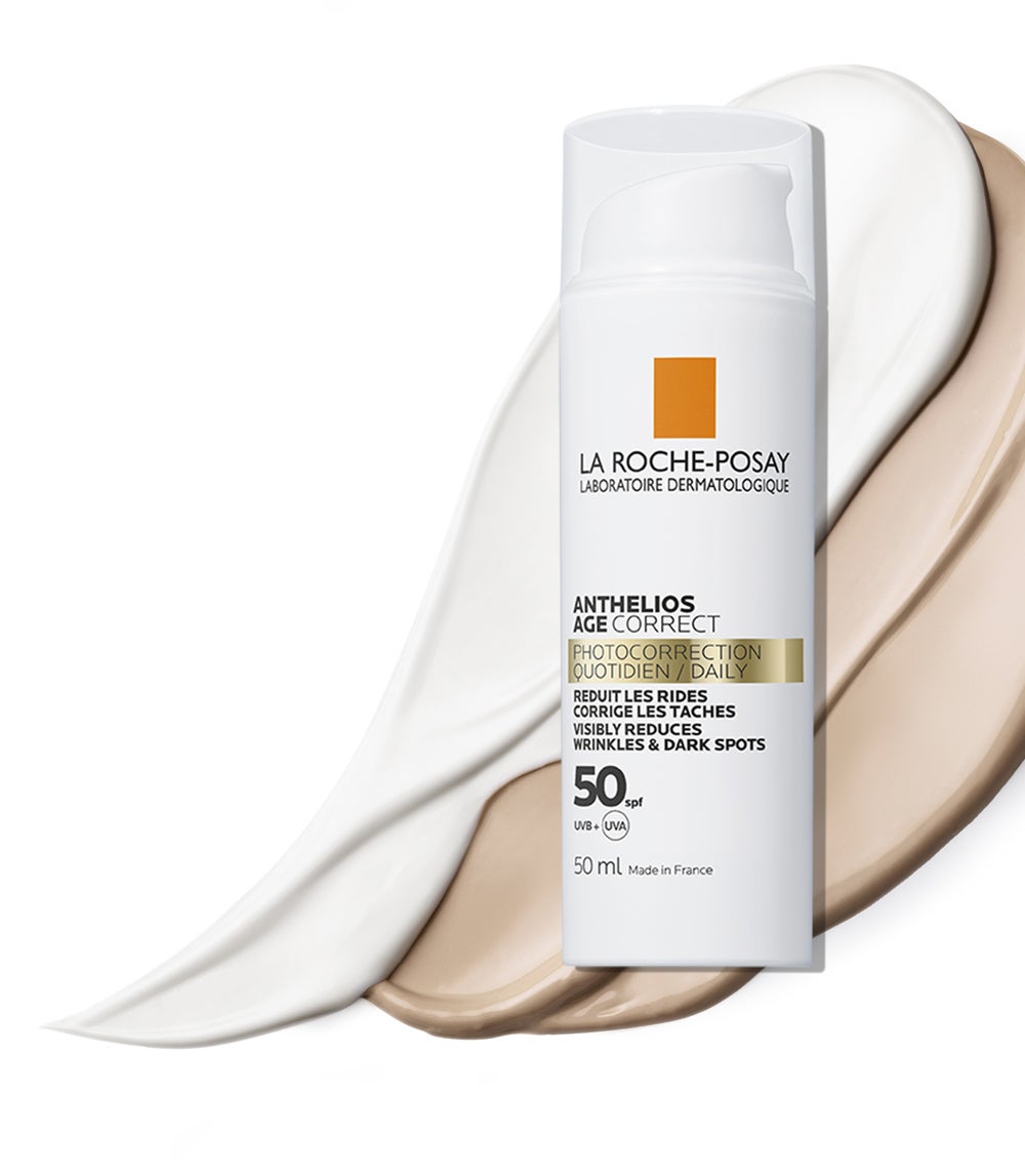 Anthelios Age Correct SPF 50 de La Roche-Posay. Fotoprotección diaria en formato gel-crema, oil free, para pieles que buscan un tratamiento anti-edad de uso diario con alto SPF y que quieren corregir y prevenir manchas y arrugas. En su fórmula incluye, entre otros activos, niacinamida, que refuerza la barrera cutánea, Vitamina E, antioxidante, y Ácido hialurónico, que hidrata, rellena y aumenta la elasticidad de la piel. (23,55 €).