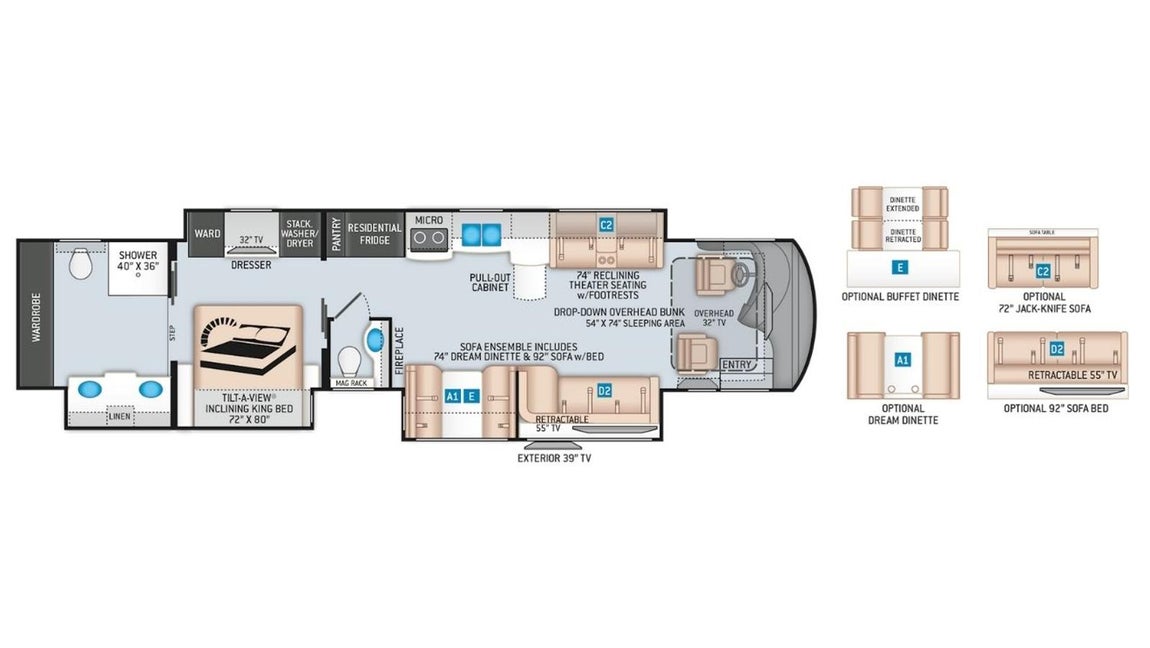 Así es la caravana de lujo inspirada en la Toscana. En el plano se puede observar que la distribución está pensada para sacar el máximo provecho del espacio, prestando también una especial atención a que los espacios se vean amplios, despejados y luminosos.