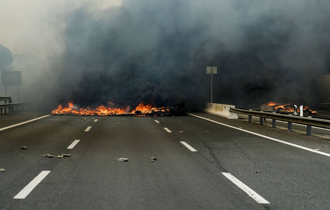Las imágenes de la protesta de los trabajadores de Airbus en el puente y el fuego provocado en el Pinar