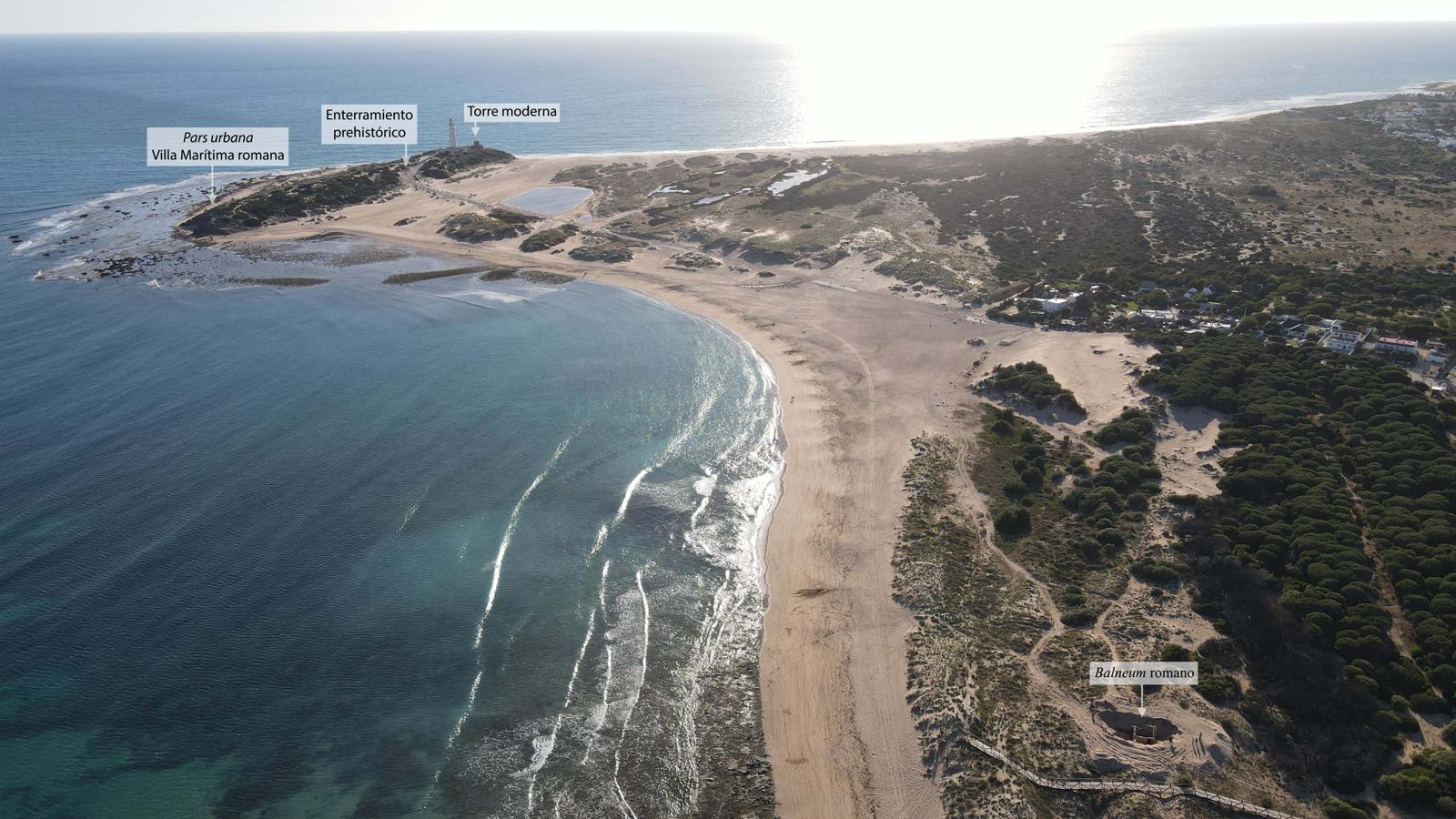 Vista aérea del yacimiento. «Habíamos venido aquí a investigar la acuicultura romana, pero lo que nos hemos encontrado en el Cabo Trafalgar y Los Caños de Meca son restos de todas las épocas», relata Darío Bernal, catedrático de Arqueología y director del proyecto de excavación de la zona.