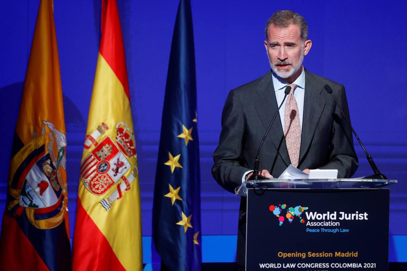 El rey Felipe VI interviene durante el Congreso que la Asociación Mundial de Juristas ha celebrado este lunes. 