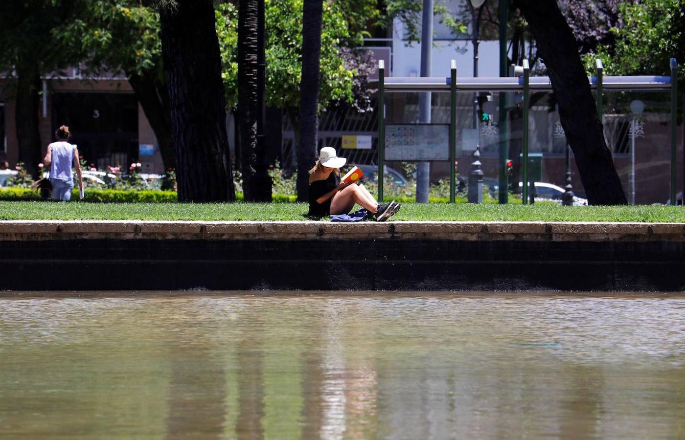 Una mujer lee un libro junto a un estanque en Córdoba donde se registran temperaturas extremas. 