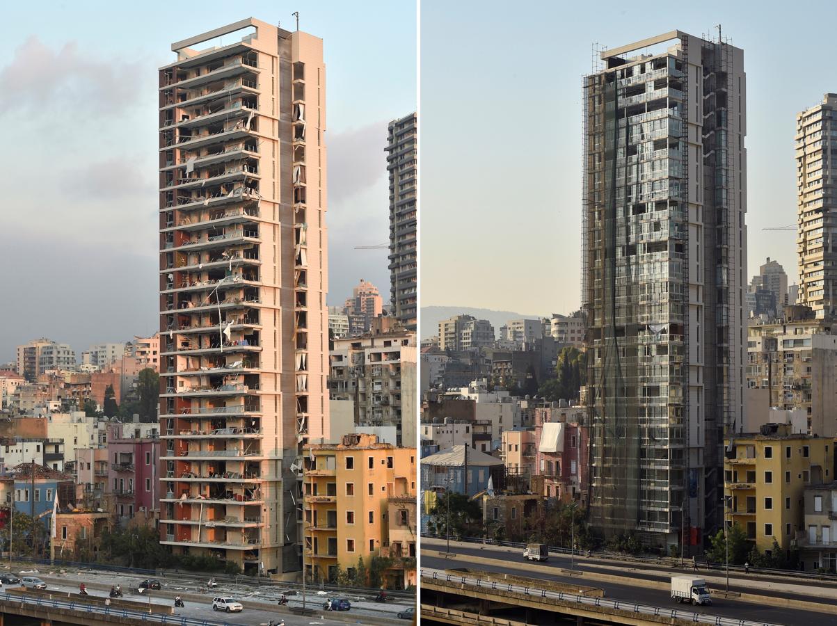 Una vista general de los edificios dañados junto al sitio de una explosión en el puerto de Beirut. 