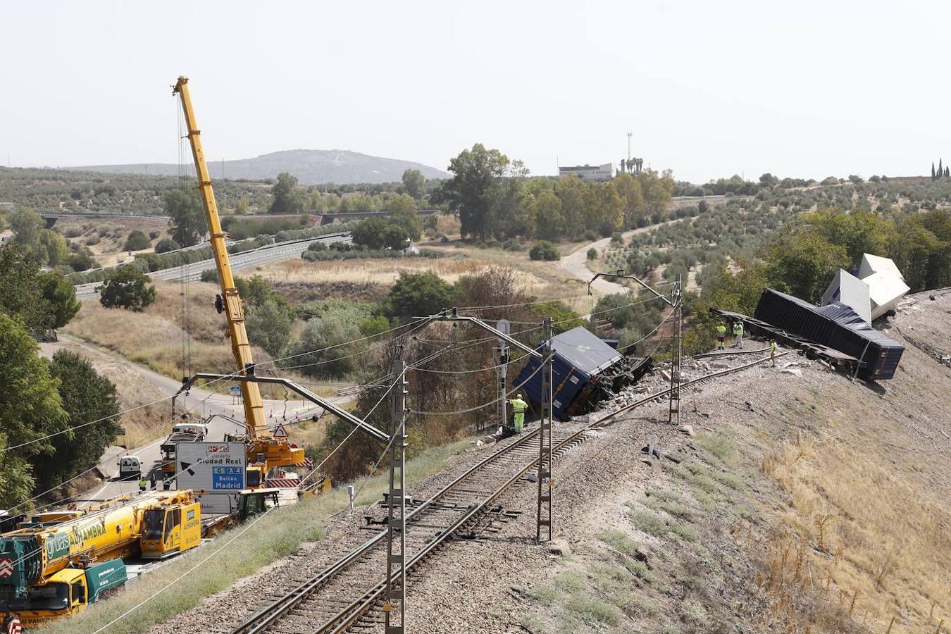 La retirada de los vagones del tren de mercancías en Montoro, en imágenes