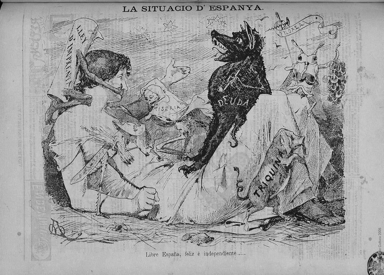 España impedida por la censura de la Ley de Imprenta para enfrentarse a sus males. Dibujo de Apeles Mestres. La Campana de Gracia, 27 de julio de 1879.. 