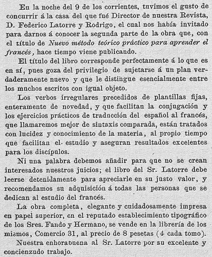 Anuncio del Nuevo método teórico y práctico para aprender el francés de Federico Latorre. El Nuevo Ateneo, 15 de junio de 1887. 