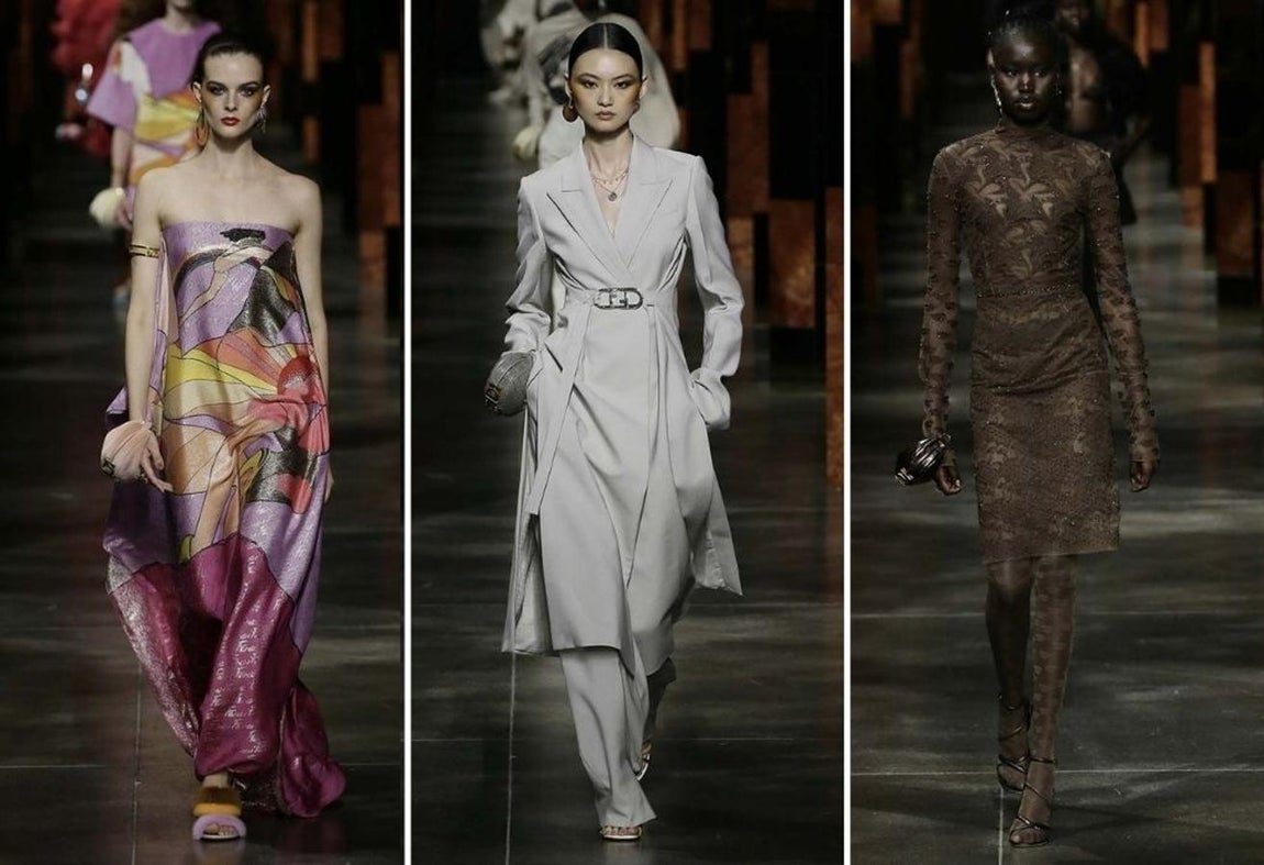 Fendi - MFW primavera-verano 2022. Su propuesta se ha dividido en dos vertientes. Por una parte una oda a los trajes y la sastrería con propuestas donde los cortes se han caracterizado por la innovación con grandes escotes, asimetrías, aberturas estratégicas y todo tipo de acabados (que van desde los grises a los metalizados). Por otro lado, vestidos y prendas más desenfadadas y coloridas con estampados psicodélicos muy coloridos. Una reinvención del vestidor de los setenta en clave ultra elegante.