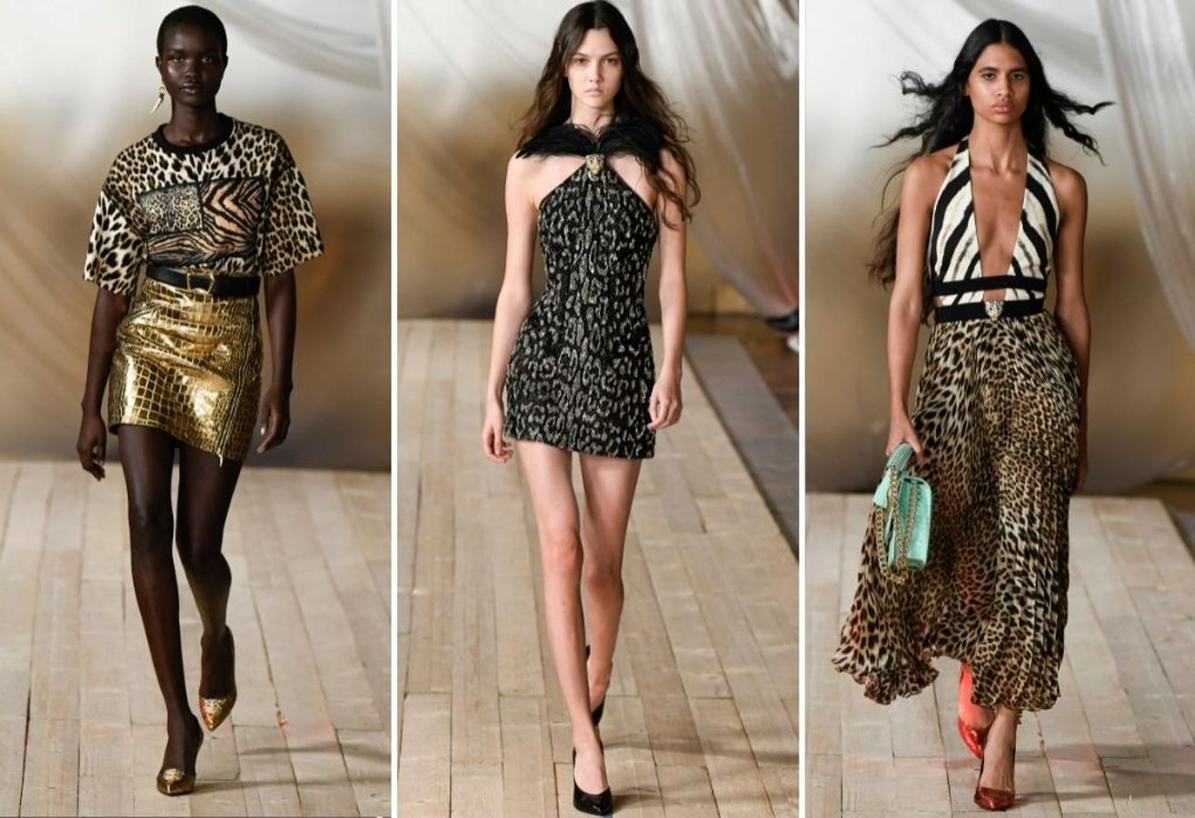 Roberto Cavalli - MFW primavera-verano 2022. Como suele ser habitual, el animal print ha sido el protagonista, aunque esta vez combinado con los acabados metalizados y altas dosis de encaje. Cavalli se ha rendido al 'Bling Bling' ochentero con prendas donde destacan los cortes trapecio y acampanado en versión mini que buscan mostrar a la mujer más sensual. No faltan tampoco los pronunciados escotes y las cinturas marcadas, otro de sus recursos favoritos.