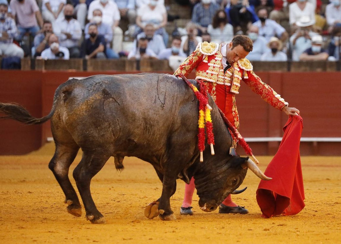 Antonio Ferrera, de carmín y oro, en la Maestranza