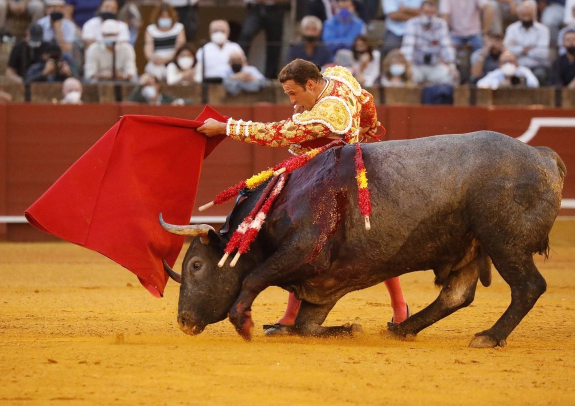 Antonio Ferrera, de carmín y oro, en la Maestranza