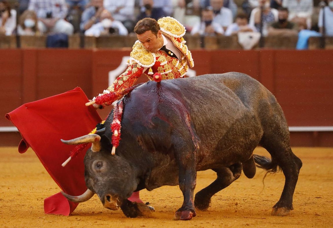 Antonio Ferrera, de carmín y oro, en la Maestranza