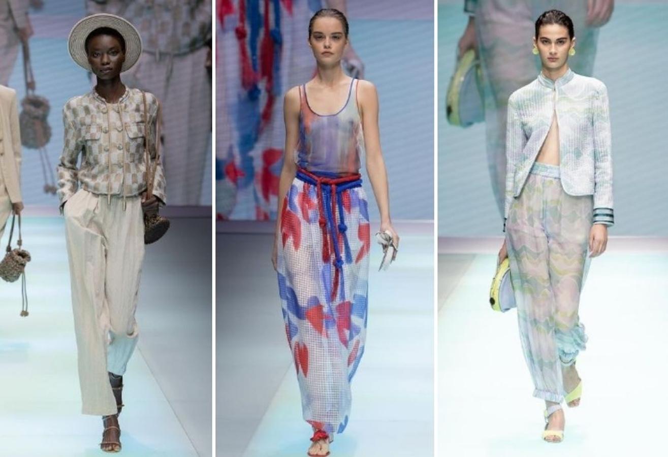 Emporio Armani - MFW primavera-verano 2022. La firma ha celebrado su 40 aniversario con un espíritu de celebración en el que no han faltado las altas dosis de color y una colección con la que se han recorrido los cinco continentes con prendas en donde, a diferencia de la mayoría de sus otras propuestas, se aboga por la comodidad con cortes relajados y tejidos ligeros.