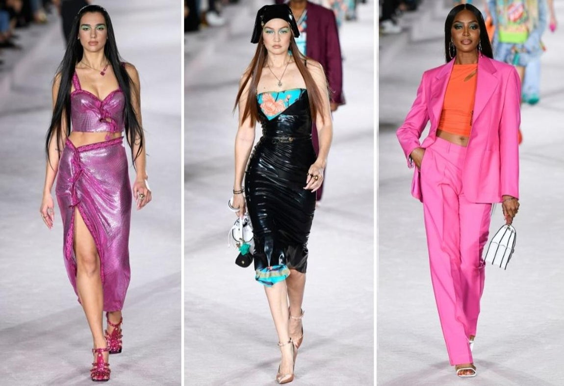 Versace - MFW primavera-verano 2022. Donatella hizo un auténtico espectáculo de su propuesta con un gran elenco de rostros famosos donde destacó la cantante Dua Lipa, que abrió y cerró el desfile. La colección destacaba por las coloridas prendas con tonos cargados de fuerza, superposiciones, lentejuelas y demás ingredientes que hacían de cada pieza un auténtico objeto de culto.
