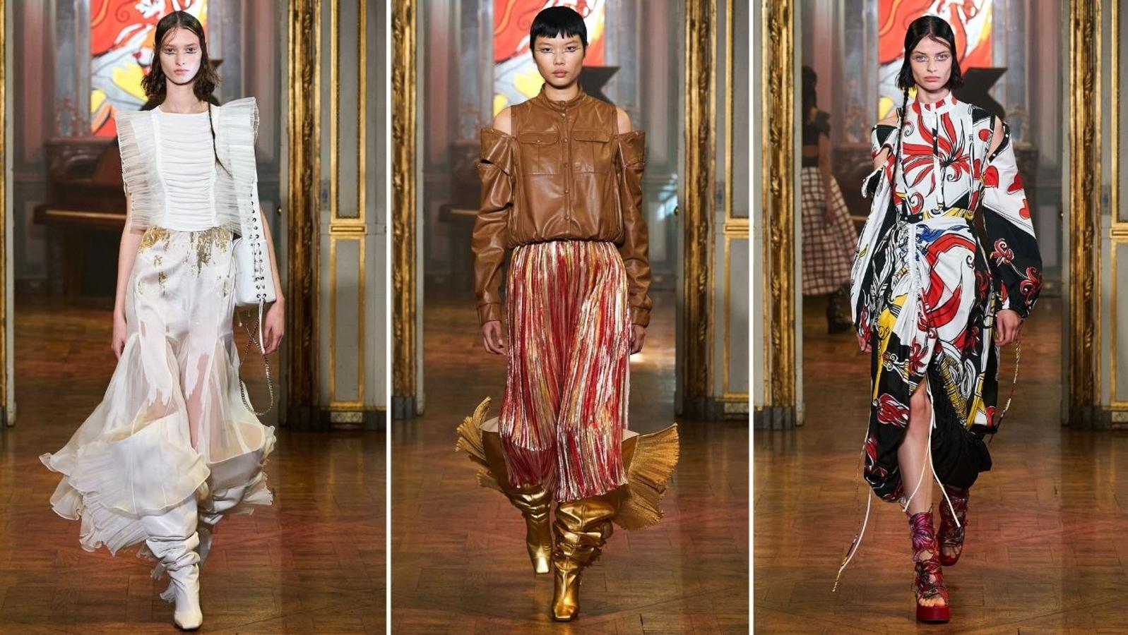 Rochas - PFW primavera-verano 2022. La primera colección de Charles de Vilmorin en la casa francesa ha supuesto un soplo de aire fresco, con estampados más rebeldes de lo habitual que dotan a los looks de un aire más roquero y alternativo (un hecho destacable teniendo en cuenta que los diseños apostaban por líneas más románticas donde no faltaban las flores. Se ha presentado con una paleta de color en tonos clálidos donde han abundado las asimetrías, deconstrucciones y juegos de tejidos.