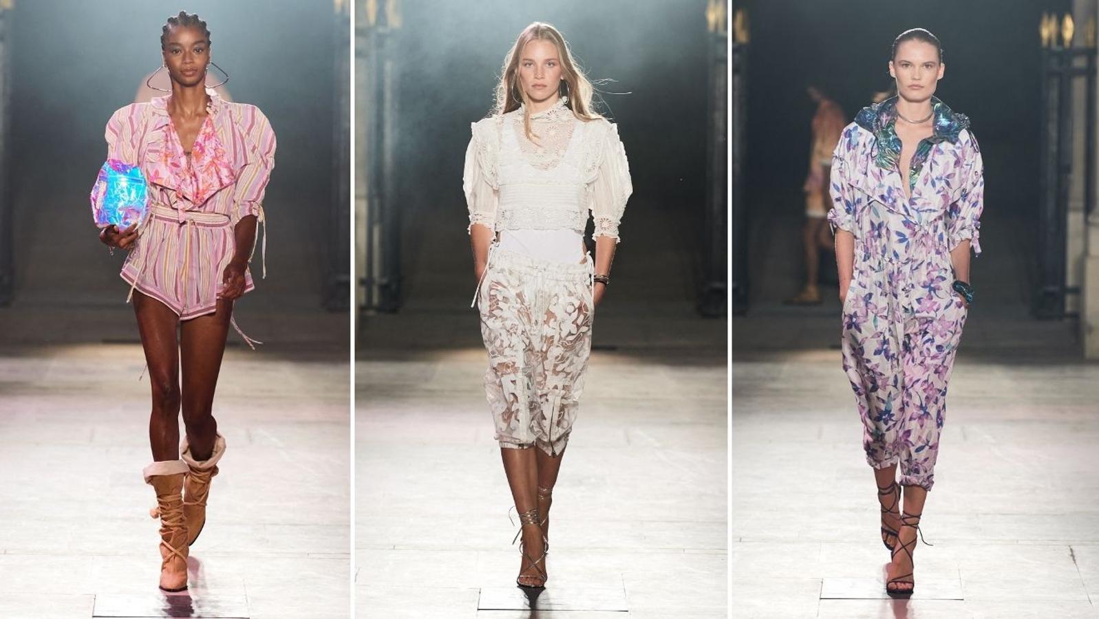 Isabel Marant - PFW primavera-verano 2022. La diseñadora ha presentado una colección sofisticada y de aires campestres para una mujer todoterreno que busca explotar su feminidad gracias a los cortes y estampados más románticos. Se han visto monos en todas sus versiones, vestidos vaporosos y prendas más deportivas como las bómber, donde el denominador común residía en la atención al detalle, con drapeados, mix de tejidos y cortes innovadores.