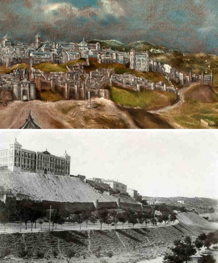 Murallas de la fachada Norte de Toledo y el paso extramuros entre las puertas de Bisagra y el Cambrón. Arriba el quebrado sendero existente pintado por El Greco hacia 1610. Abajo, el mismo paraje más nivelado, a principios del XX, considerado como paseo de Recaredo y parte de la carretera de Navalpino. 