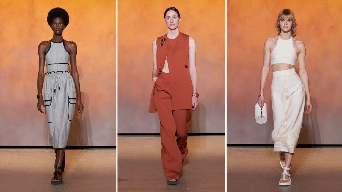 Hermès - PFW primavera-verano 2022. El propósito principal de la propuesta era representar el minimalismo y la vivacidad con looks todoterreno en donde se combinaban los tejidos más rebeldes como el cuero con looks de sastrería algo más formales pero cumpliendo un denominador común: todos ellos se mostraban más sensuales de lo habitual.