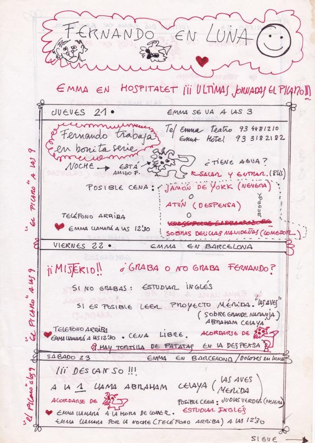 Una de las notas con instrucciones que Emma Cohen dejaba a Fernando cuando se iba de viaje por trabajo. 