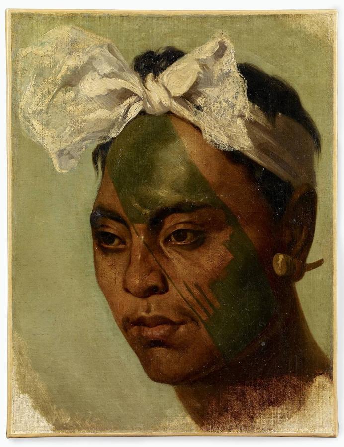 Hombre de las islas Marquesas tatuado. Islas Marquesas, Polinesia Francesa, Oceanía. Siglo XIX. Pintura al óleo.. 